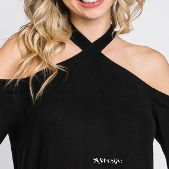 LAST 1! Super Soft Black Cross Neck Cold Shoulder Cuffed Sleeve Top - Picture 7 of 8